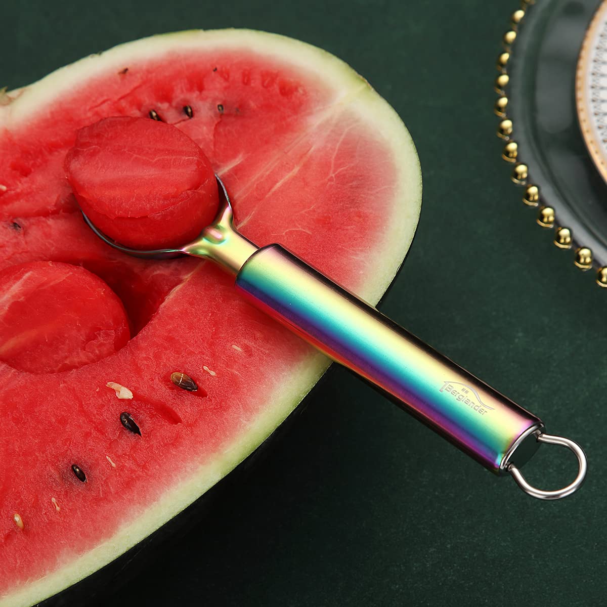 Rainbow Ice Cream Scoop, Berglander Stainless Steel Cookie Scoop Melon Baller Scooper Cones With Titanium Colorful Plating, Spec